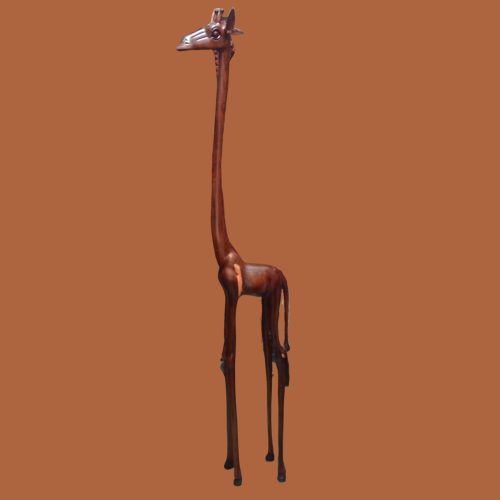 Elegant ebony wood giraffe sculpture with detailed carving, showcasing the rich hues and craftsmanship of African artisans, ideal for home or office decor.