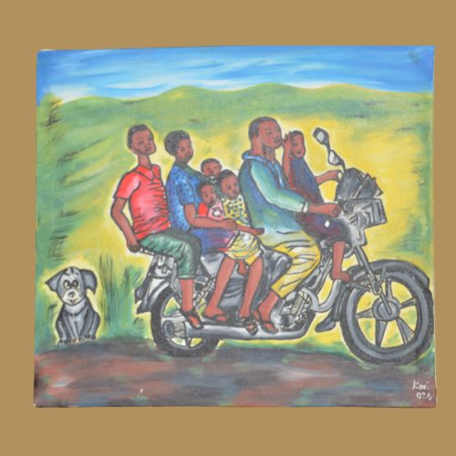 Drawing of a motorbike carrying five passengers, capturing a lively and adventurous scene.