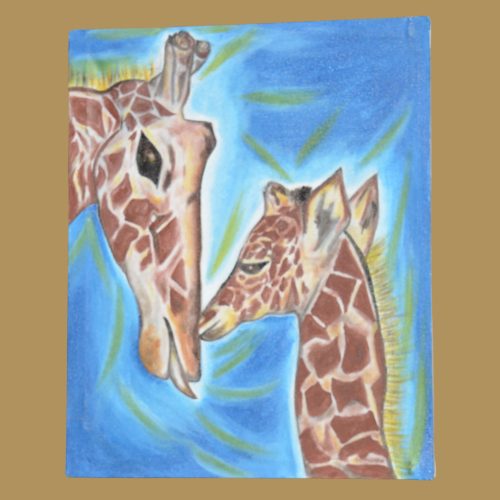 Drawing of a young giraffe kissing its mother, capturing a tender and heartwarming moment in the wild.