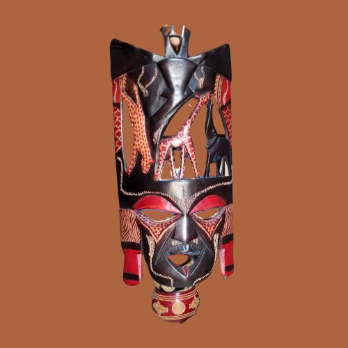 Handcrafted African mask with intricate giraffe motifs and vibrant colors.